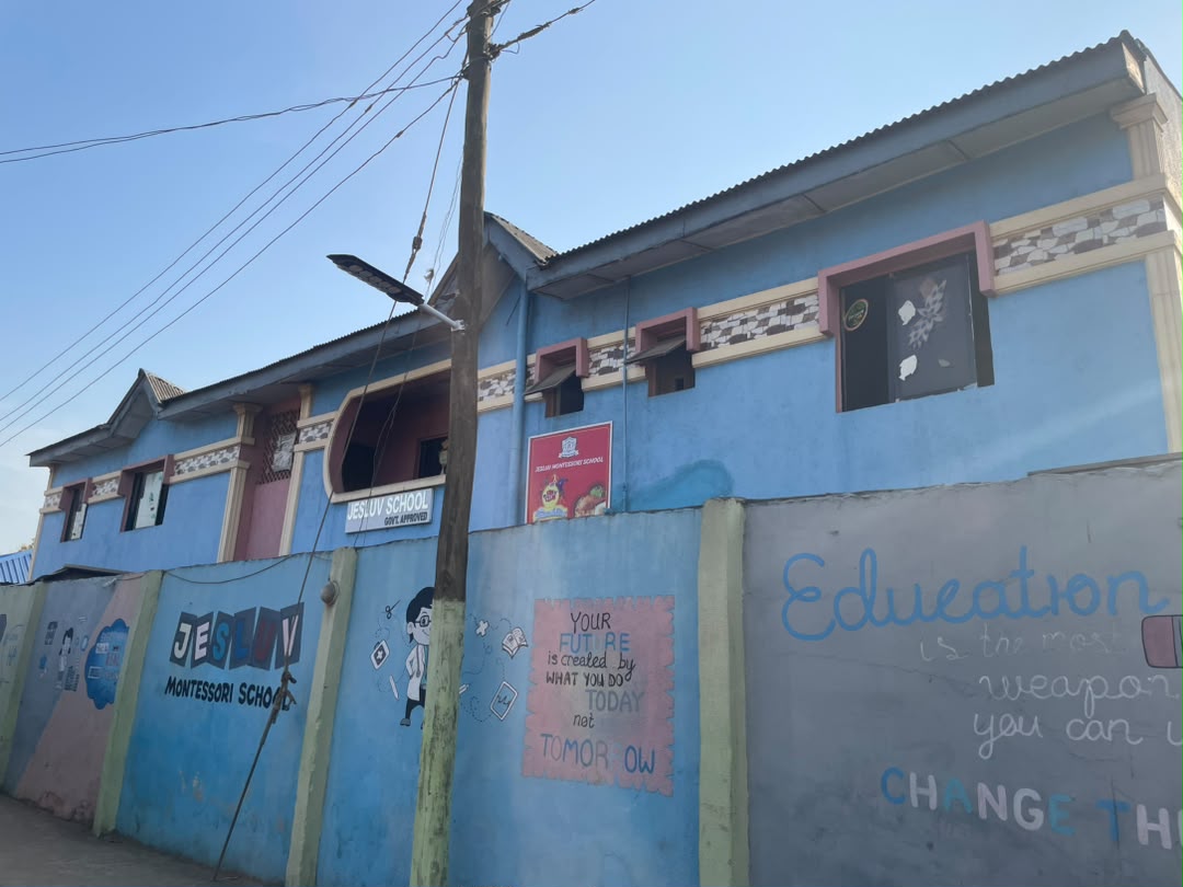 The Jesluv School building seen from the street, with a mural-painted perimeter wall